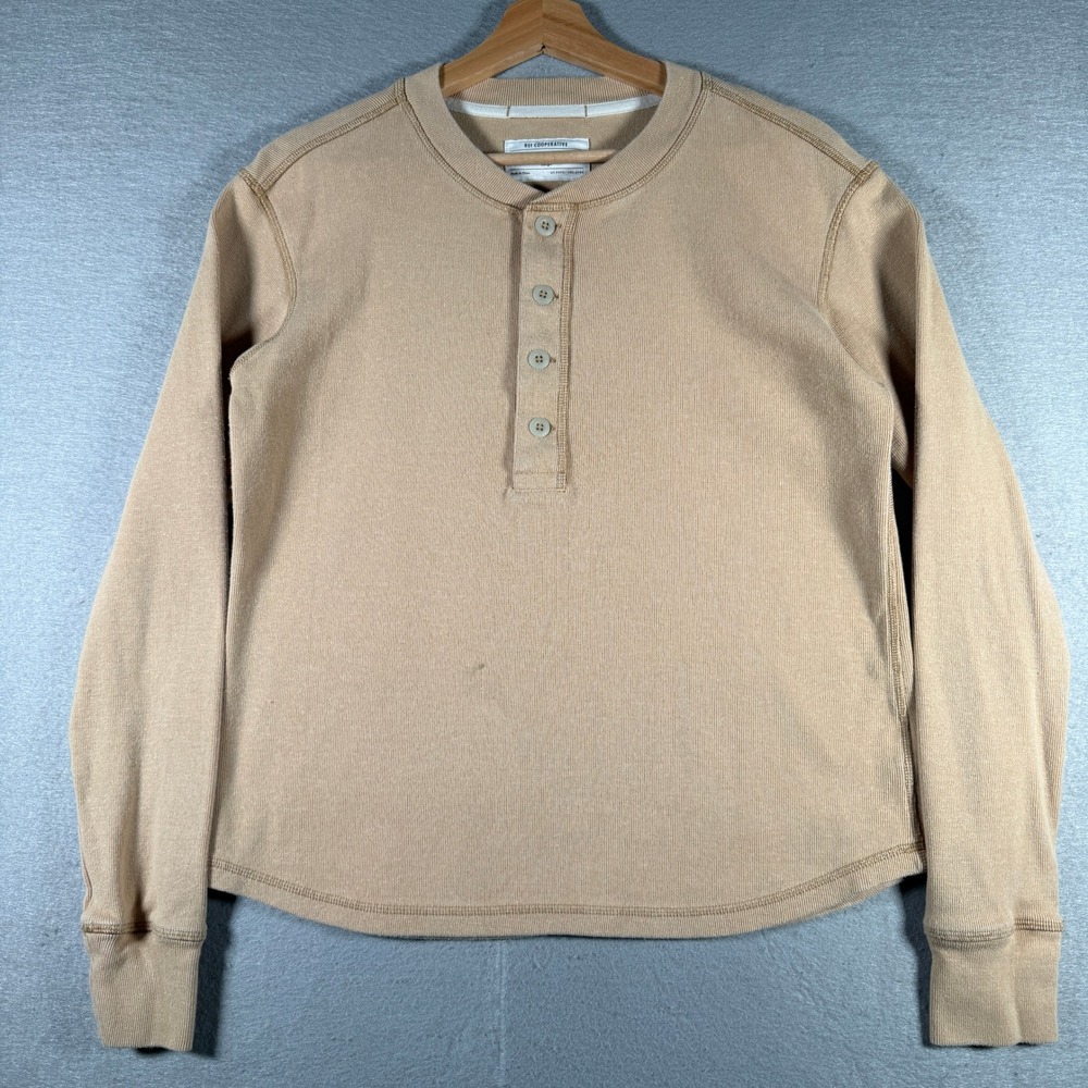 REI Co-op Mens Tan Organic Cotton Hemp Ribbed Henley Sweater Large 177507